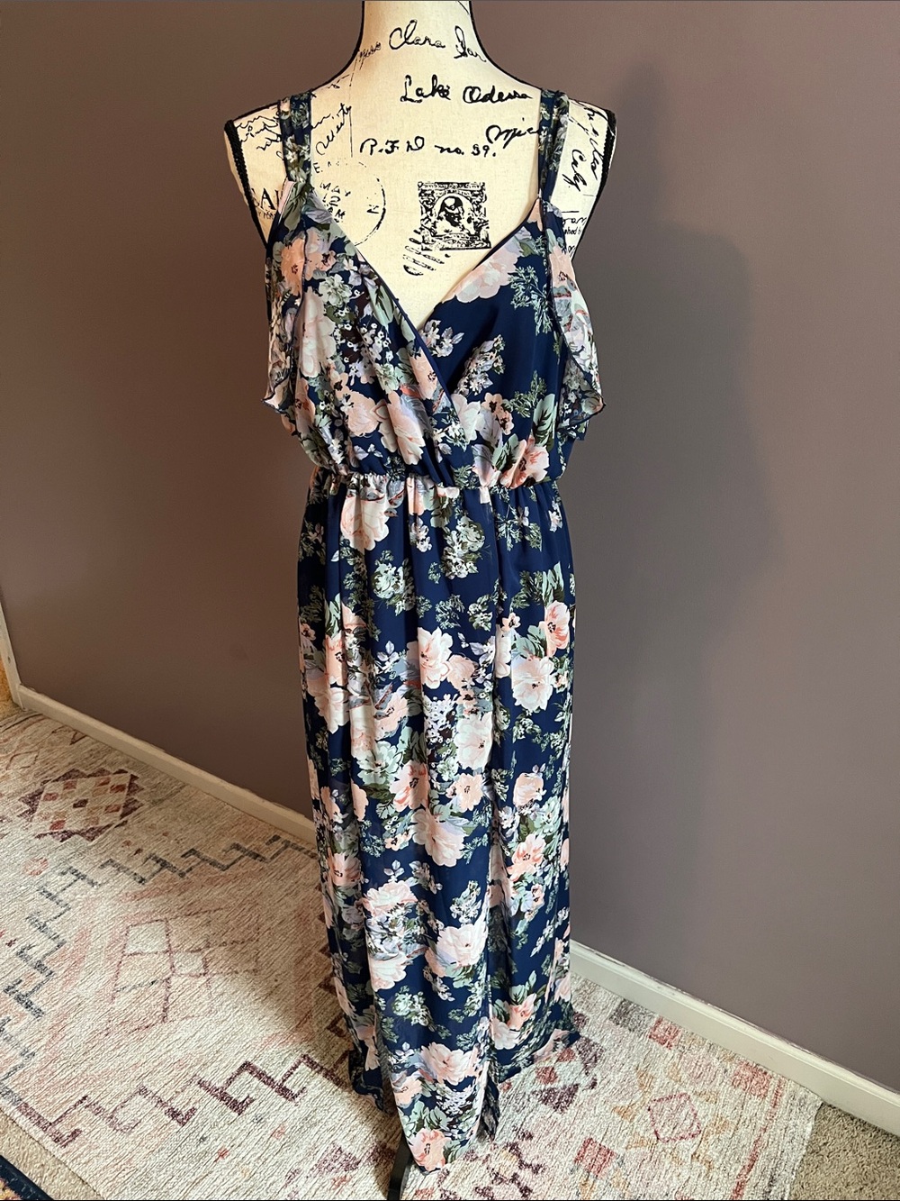 Macy's Navy Maxi Dress with Blush Floral Print